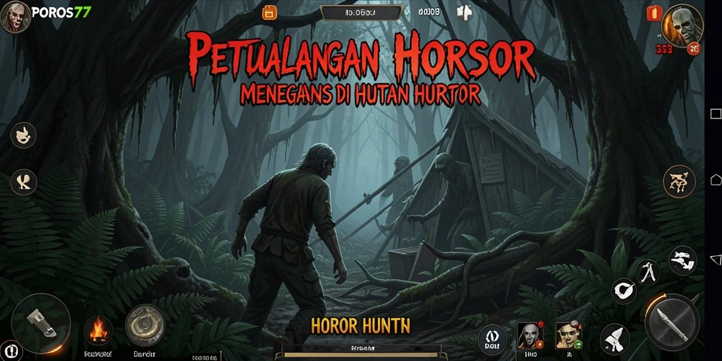 Screenshot utama POROS77 menampilkan suasana hutan yang menyeramkan dan mencekam.
