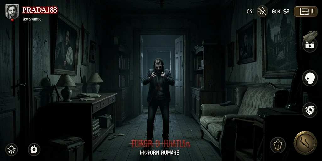 Antarmuka menyeramkan game Horor Rumah dengan nuansa yang mencekam.
